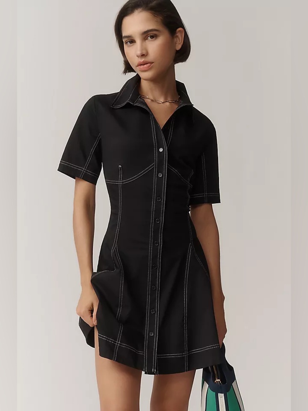 NWT new large Anthropologie excuse contrast stitch mini dress black white button